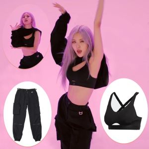 Bluza róża Kpop czarna szczupła kamizelka Kobiety z bluzy z bluzy na ramię Koreańska piosenkarka Hiphop Spodnie proste spodnie stroje