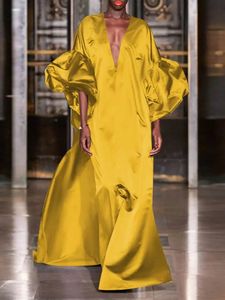 VONDA Elegant Satin Party Maxi Dress 2024 Women Lantern Sleeve Solid Evening Sundress Casual Loose VNeck Bohemian Robe 240418