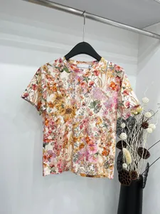 2024 Summer Women O-neck T Shirts Fashion Flower Printing Design Short Sleeve Tshirts Lady Loose Tees Luxury Casual Tops