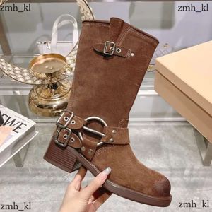 Shoes Boots Harness Belt Buckled Cowhide Leather Biker Knee Chunky Heel Zip Knight Square Toe Ankle Booties Women Luxury Designer Factory 909