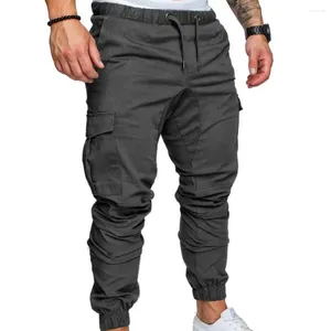 Calça masculina homens cargo magro bolsos de cor sólida