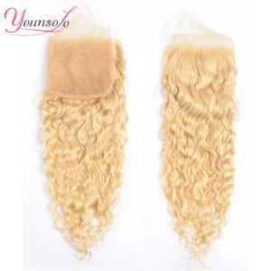 WIGS Younsolo 613 Blonde Water Curly Crowur remy Brazilian человеческие волосы Прозрачные 4*4 -дюймовые кружевные закрытие с прубитными волосами без части