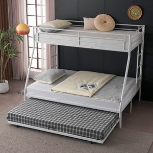 Twin su letto a castello pieno con trundle, letti a castello triplo per adolescenti per bambini adulti, a due ladri laterali e guardrail, bianco