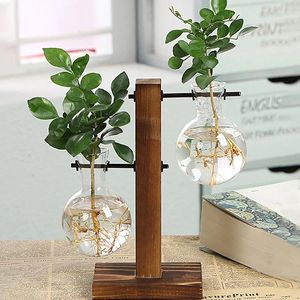 Wazony kreatywny szklany pulpit wazon żarówki z drewnianym stojakiem hydroponiczny pojemnik na rośliny domowe wystrój tabletopa bonsai