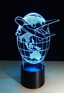 Fly the World Earth Globe Airplane 3D LAMP LAMP ART SCULPTURE IN COLORE 3D Lampada di illusione ottica9369743