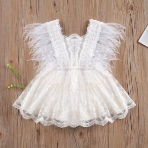 Endelar Newbron Baby Girl Lace Romper Mesh Dress Feather Fly Sleeve Floral Brodery Layered Midi Playsuits Infant Party Outfits