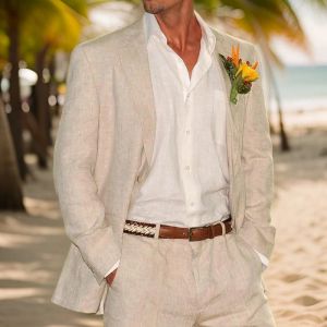 Abiti abiti da uomo in lino beige per estate beach wedding 2 pezzi giacca in stile americano con pantaloni smoking smoking su misura