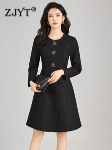 Casual Dresses ZJYT Elegant Crystal Buttons Autumn For Women 2024 Long Sleeve Simple Vestidos Para Mujer Black Robe