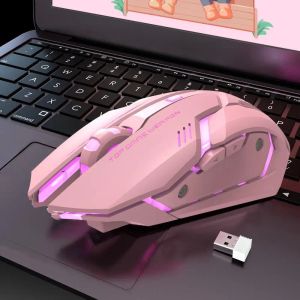 Mössspel trådlöst mus laddningsbara rosa USB -optiska datormöss 800/1200/1600 DPI RGB Lätt tyst spel Mause Gamer för tjej