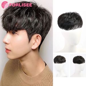 Bangs FORLISEE Wig Men's Short Hair Texture Perm Curly Hair Seamless Invisible Wig Piece Light Top Replacement Piece Full Head Bangs