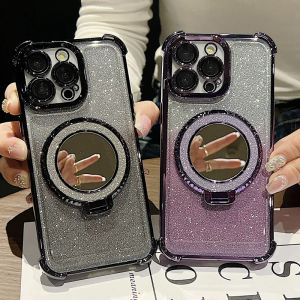 Mirror Magnetic Wireless Lading Stoßdämpferhüllen für iPhone 15 plus 14 Pro Max 13 12 11 Finger Ringhalter Gradient Bling Glitter Plattierung verchromte weiche TPU -Objektivabdeckung