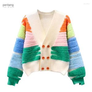 Damskie dzianiny Peritang w paski Knit Sweter Sweter Kobiety podwójnie wygasły płaszcz z dekoltem w szpic Autumn Winter Long Sleeve Luźne stylowe topy