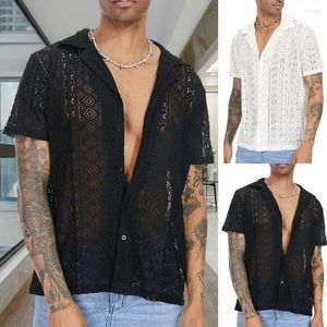 Camisas casuais masculinas algodão pura a abertura de homens de malha, transferência de renda sexy mangas curtas de camiseta transparente de verão tops sólidos cardigan na moda