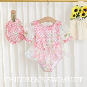 Swimwear 2023 Summer Baby Girls Princess Swimsuit 17Years Children Onepiece Swimsuit Kids Fashion Rainbow Mermaid Swimwear With Hat