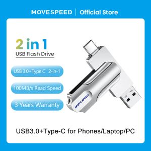 Drives MoveSoSpeed 2 em 1 USB Flash Drive 3.0 OTG Tipo C Drive de caneta 128 GB 256 GB 64 GB 512 GB METAL USB C Pendrive para MacBook Phones Laptops