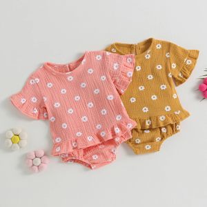 Ställer in bomullslinne Casual New Baby Girls Outfits Set Short Sleeve Floral Print Tops + Bloomer Shorts 2st Infant Summer Clothes Suit