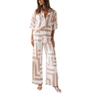 女性のズボン女性夏の衣装幾何学的パターンターンダウンカラー半袖ルーズシャツトップワイドレッグ2ピース服セット
