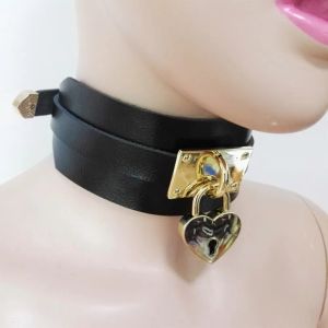 Necklaces Women Harajuku handmade Black Leather punk Necklaces Golden Metal Choker sweet heart lock collar Goth Hot Dark Torques