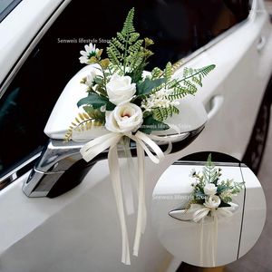 Party Decoration 4PCS Artificial Flower Outdoor Car Mirror Door Romantic Floral Wedding Decor Ribbon Fake Supplies