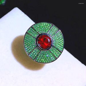 Cluster Rings S925 Sterling Silver Ruby Diamond Button Ring Gemstone Green Zircon asfalterade lyxsmycken