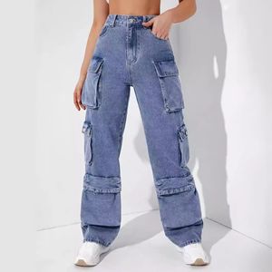 Jeans Frauen Cargo Jeans Hosen Frauen Jeans Frachthose losen hoher Reißverschluss Fliege Polyester Denim Cotton Punk Daily Outfit Spning S-2xl Goth Jeans Damen Y2K Jeans