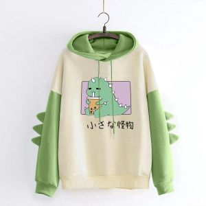 Polos dinosaurie överdimensionerad tecknad hoodie kvinnor modesweatshirt casual tryck koreansk stil förtjockad tröja vinter dino hoodie toppar