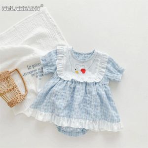 Enstycken min prinsessa sommar kort ärm rutig ruched kärlek kläder spädbarn nyfödda jumpsuits bomullsklänning barn baby flickor bodysuits