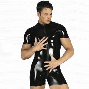 Men's Tracksuits Shiny Leather Bodysuit Sexy Costumes Halloween Black Lycra Spandex Short Sleeve Jumpsuit