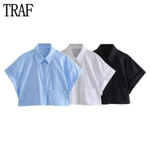Рубашка TRAF 2023 Укороченная женская рубашка Черная белая рубашка Женщина с короткими рукавами для женщин летние рубашки и блузки