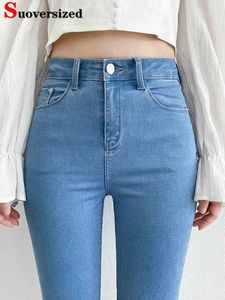 Kvinnors jeans hög midja mager blyerts jeans kvinna stor storlek streetwear smala stretch denim byxor vår koreansk mode case kot pantolon 240423