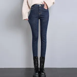 Calça feminina nas primavera e outono de moda espessada de veludo jeans de jeans vintage de cor sólida de cintura alta versátil jeans versátil