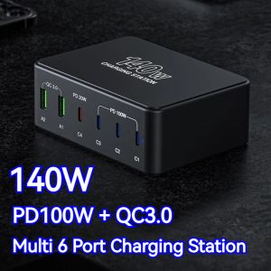 Chargers 140W Multi USB PD 100W Carregador Fast 6Port USB QC3.0 Laptop USBC Estação de carregamento para MacBook Pro Phone iPhone 14 13 Samsung