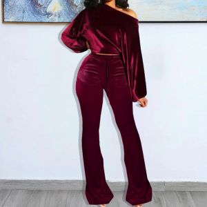 Sets Vintage Sexy Velvet 2 Piece Set Casual Outfit Sport Suit Women Tracksuit Long Sleeve Cold Shoulder Pullover Crop Top+Flare Pants