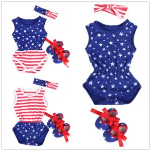 Defina a bandeira americana Baby Girl Bodysuits First Walker Head Band 3pcs Suit de roupas de macacão recém -nascido conjunto de algodão