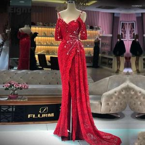 Party Dresses Eightale Arabic Evening Dresse Lace Spaghetti Strap Beaded High Side Split Off the Shoulder Mermaid Red Prom Gown Dress