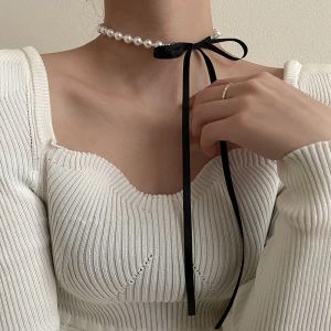 Halsband aomu korea söt svart sammet båge dubbel halsband enkel bowknot plysch pärlkedjekedja krage för kvinnor lady smycken
