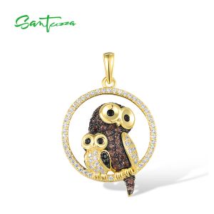 Hängen Santuzza Authentic 925 Sterling Silver Pendant For Women White Brown Stone Delicate Twin Owls Söta djurgåvor Fina smycken