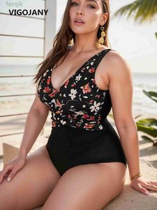 Women's Swimwear VigoJany Floral Print Plus Size Swimwear Women 2024 Large One Piece Swimsuit Ladies V Neck Backless Chubby Big Bathing Suit Swim d240424