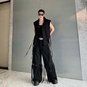 Herrspårssuits Syuhgfa Niche Designer Menwear Two-Piece Set Löstagbart band Wide Ben Pants Sleeveless Lapel Vest Suit 2024 Summer