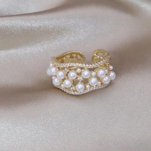 Cluster Rings Korea Fashion Jewelry Luxury Zircon Geometric Pearl Ring Elegant Women's Opening Daily Work Accessories