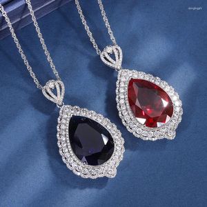 Pendant Necklaces EYIKA Vintage Water Drop Created Ruby Sapphire Crown Necklace Royal Blue Zircon Women Sweater Twisted Singapore Chain