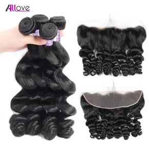 Allove Whole Brazylian Human Hair Pakiety splatają luźną falę z koronkowym zamknięciem czołowym 13x4 4PCS dla kobiet w każdym wieku 7795032