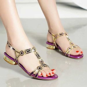 Sandals Women Comfortable Non-slip Flat Platform Shoes Rhinestone Sandals T-strap Square Low-heeled Sandals Party Shoes 240423