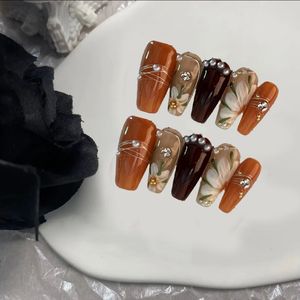 10pcs wearable brown almond handmade false Press On nails French retro acrylic fake nails press on with diamond nails 240411