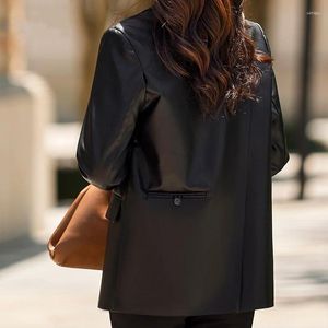 Women's Leather Spring Blazer Jacket Double Breasted Loose Casual Lapel Lady PU Coat Solid Windproof Top