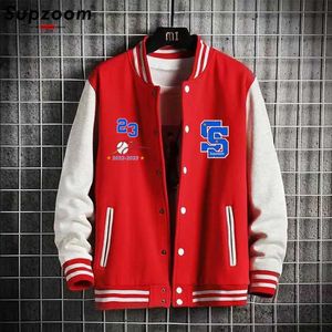 Herrjackor supzoo 2023 Ny ankomst Autumn Baseball Suit Student Fat Youth Preparatory Style Ribbed ärmar Kort tryck Bomberjacka för Menl2404