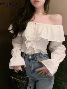 Women's Blouses Ezgaga Shirts Women Elegant Ruffles Patchwork Flare Long Sleeve Off Shoulder Slash Neck Spring Fashion Blouse Ladies Tops