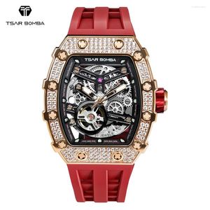 Avanadores de pulso Bomba Bomba Rose Gold Mens Relógio Automático Relógio mecânico Esqueleto Avanário Sapphire Relógio Diamante de moda de safira para homens