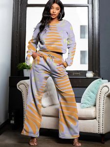 LW Striped Pocket Design Drawstring Pants Set Round Neck Long Sleeve Sweatshirt Regular Pants Mixed Print High Stretch Set 240424