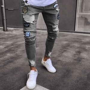 Abzeichen Herren Jeans Mode Knieloch Reißverschluss Leggings Loch Slim Herren Jeans Hosen